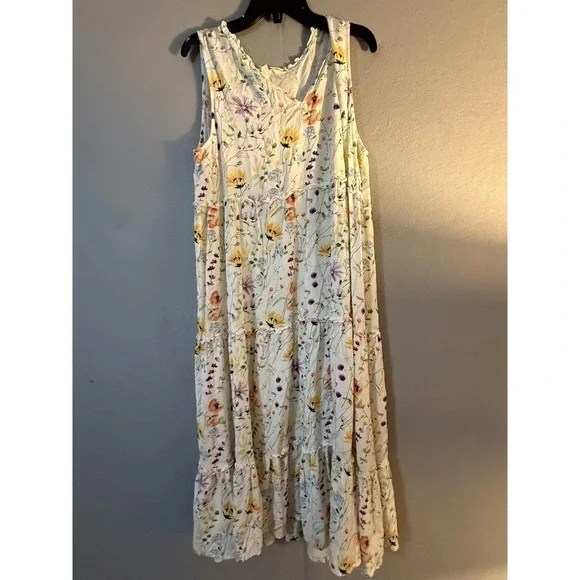 Linda Anderson Dress Womens L White Floral V Neck Tiered Swing Midi Sundress - Picture 1 of 14
